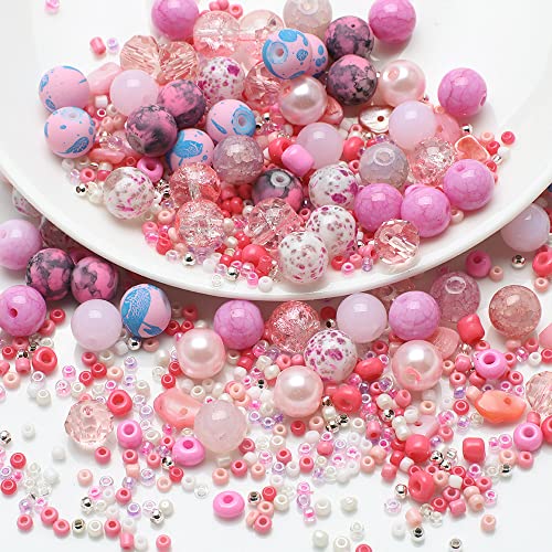 Waltonalice Perlen zur Schmuckherstellung Runde Glasperlen perlenset Bunte Kristallperlen mit Loch für DIY-Halsketten Armbänder Ohrringe Bastelbedarf Größen Farbenmix Rosa von Waltonalice