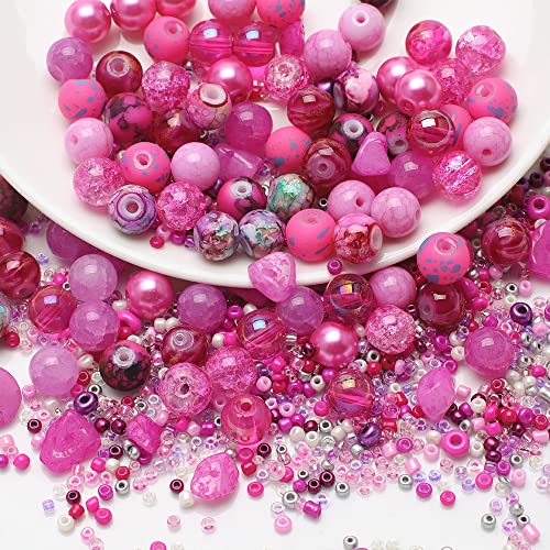 Waltonalice Perlen zur Schmuckherstellung Runde Glasperlen perlenset Bunte Kristallperlen mit Loch für DIY-Halsketten Armbänder Ohrringe Bastelbedarf Größen Farbenmix Rosarot von Waltonalice