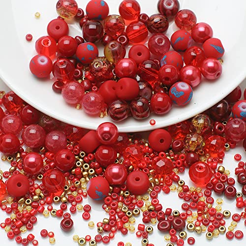 Waltonalice Perlen zur Schmuckherstellung Runde Glasperlen perlenset Bunte Kristallperlen mit Loch für DIY-Halsketten Armbänder Ohrringe Bastelbedarf Größen Farbenmix Rot von Waltonalice