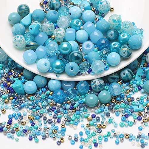 Waltonalice Perlen zur Schmuckherstellung Runde Glasperlen perlenset Bunte Kristallperlen mit Loch für DIY-Halsketten Armbänder Ohrringe Bastelbedarf Größen Farbenmix Seeblau von Waltonalice