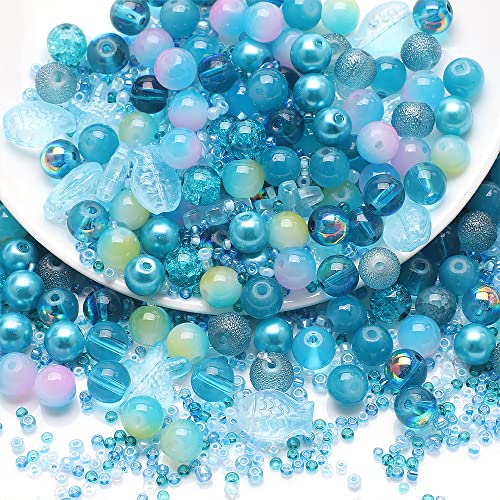 Waltonalice Perlen zur Schmuckherstellung Runde Glasperlen perlenset Bunte Kristallperlen mit Loch für DIY-Halsketten Armbänder Ohrringe Bastelbedarf Größen Farbenmix Sternenlichtblau von Waltonalice