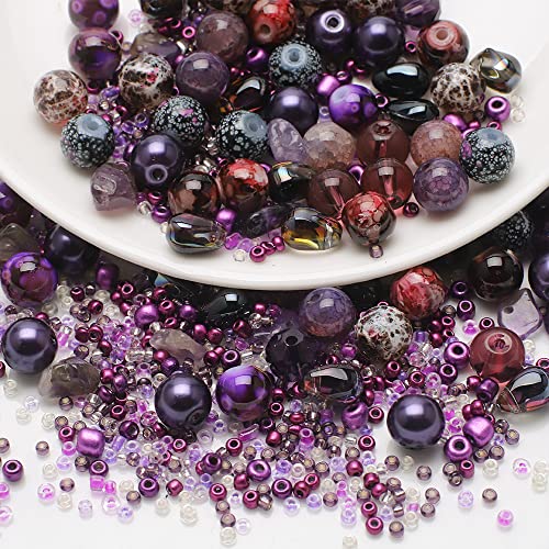 Waltonalice Perlen zur Schmuckherstellung Runde Glasperlen perlenset Bunte Kristallperlen mit Loch für DIY-Halsketten Armbänder Ohrringe Bastelbedarf Größen Farbenmix Violett von Waltonalice