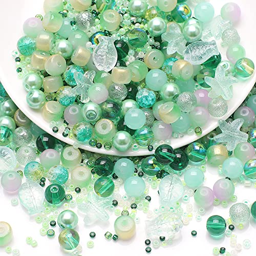 Waltonalice Perlen zur Schmuckherstellung Runde Glasperlen perlenset Bunte Kristallperlen mit Loch für DIY-Halsketten Armbänder Ohrringe Bastelbedarf Größen Farbenmix Westsee-Grün von Waltonalice