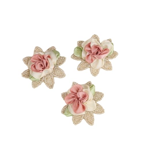 10 Stück Blumen Applikationen Zweifarbige Blüten mit Blättern Bekleidungszubehör Gestrickte Blümchen Applikationen zum Aufnähen für DIY Basteln Haarschmuck Kleidungsdekoration,Altrosa von Wambere