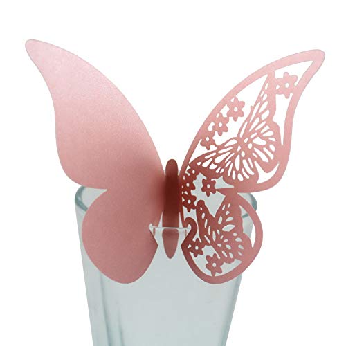 100 Stück Schmetterling Trichterwinde Tischkarten Namenskarten Glasanhänger Wandsticker für Tischdeko Hochzeit Party Haus Deco,Schmetterling Tischkarten Laser Platzkarten Namenskarten,Rosa von Wambere