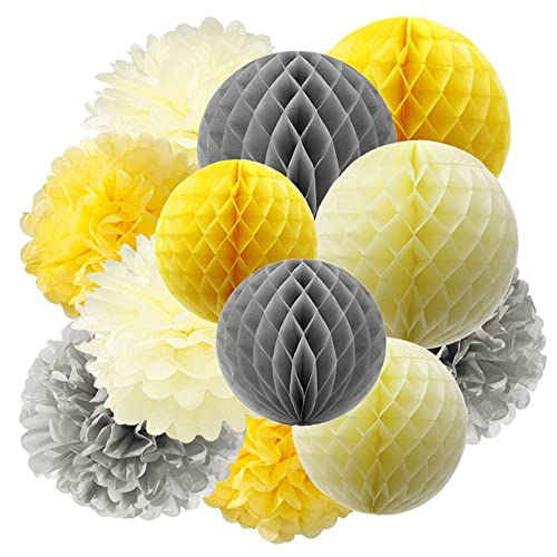 12 Stück Seidenpapier Pompoms und Wabenbälle Dekorpapier Kit für Geburtstag Hochzeit Baby Dusche Parteien Hauptdekorationen,pompons deko,konfetti wabenbälle deko,Gelb Grau von Wambere