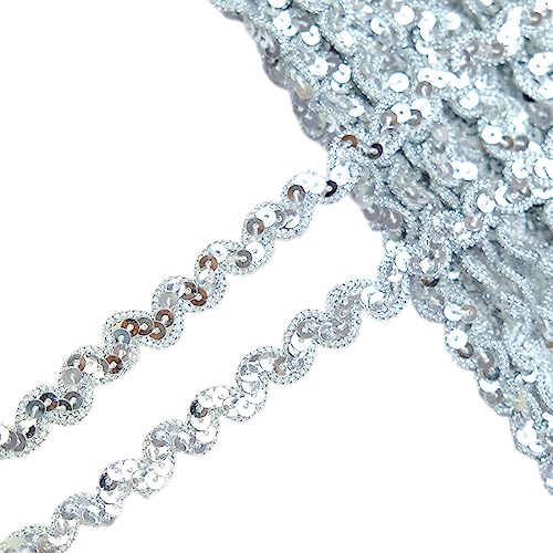 13 m 1cm Breite Paillettenspitze,Glänzendes Geflochten Zierband Paillettenband Glitzer Borte aus Dekoband Zierband Geschenkband Bortenband für DIY NäHen KostüMe Handwerk Verzierungen,Silber von Wambere