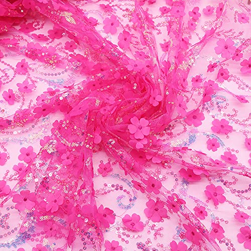 130cmx1 Yard Bestickter 3D-Pailletten-Blumen-Mesh-Stoff, Tüll Stoff Hochzeit Geburtstag Weihnachten Fest Kommunion Party Deko,Nähen von Brautschleiern Hochzeitskleid Tischläufer Tutu Röcken,Rosenrot von Wambere