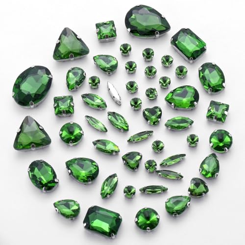 50 Stück Gemischt Form Strasssteine Glitzersteine zum Annähen Handgenähte Strasssteine Strasssteine mit Loch Prong Einstellung,für DIY Basteln Hochzeitsbraut Kleidungsdekoration,Grün von Wambere