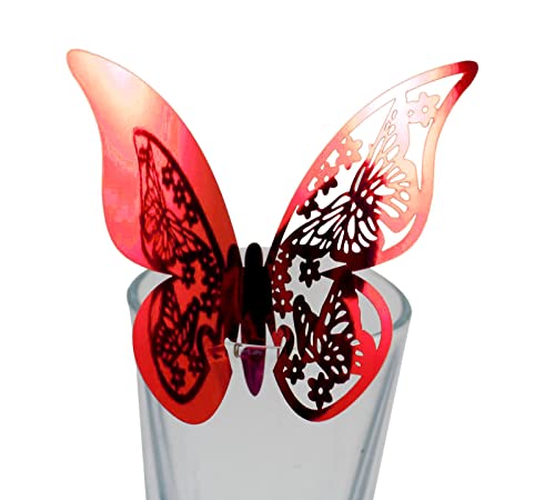 50 Stück Schmetterling Trichterwinde Tischkarten Namenskarten Glasanhänger Wandsticker für Tischdeko Hochzeit Party Haus Deco,Schmetterling Tischkarten Laser Platzkarten Namenskarten,Rot A von Wambere