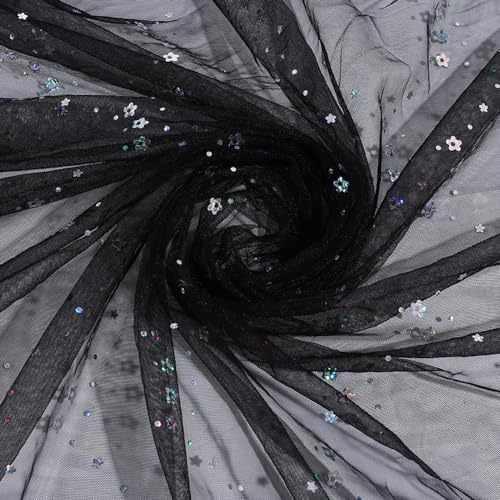 500cm x 150 cm Glitzer Tüllstoff Glitzernder Stoff,Pflaumenblüten-Tüllstoff mit Pailletten,Deko Stoffe Tulle Fabric,für DIY Nähen Handwerk Geschenkverpackung Hochzeit Party Deko,Schwarz von Wambere