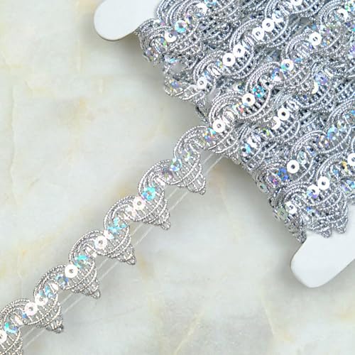 9m 2cm Breite Paillettenband Paillettenspitze Glänzende Geflochten Paillettenborte Paillettenbesetztes Paillettenbänder Dekoband Zierband,für NäHen DIY Handwerk Kleidungsdekoration,Silber von Wambere
