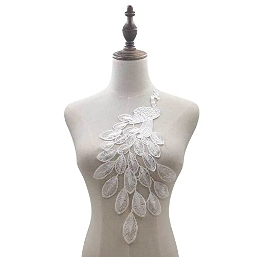 Bestickte Pfau Spitze Kragen Applikation,Stickerei Spitzenbesatz Häkelspitze Patch Spitzemotiv Applique Patches Einsatzkragen für Nähen Handwerk Kostüm Hochzeitskleid Brautkleid Deko,Weiss von Wambere