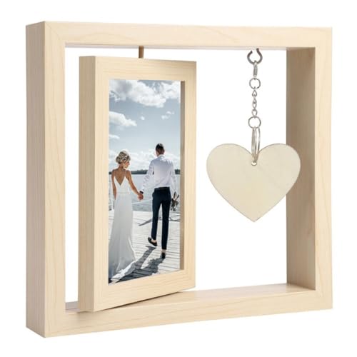 Holz-Fotorahmen Drehbarer Bilderrahmen aus Holz,Bilderrahmen Hochzeit mit Herzdekor,23 X 21 X 4 cm Doppelseitiger Bilderrahmen für Familie Hochzeit Schreibtisch BüRo Zuhause Deko,Khaki von Wambere