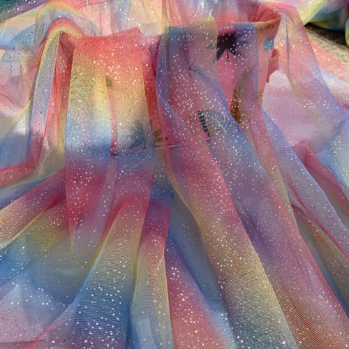 Wambere 100cm x 150cm Regenbogen Tüllstoff Meterware Bastel Tüll Glitzer Netzstoff Netzgewebe Tulle Fabric Tüll Deko Stoffe für DIY Nähen Kunsthandwerk Haarschmuck Kleidungsdekoration,Blau Rosa von Wambere