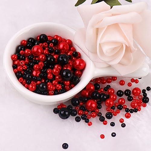 Wambere 300 Stück 3-8 mm Bunte Perln zum Auffädeln Distanzperlen,Kleine Perlen,Lose Perlen,Rundes ABS-Perlenimitat mit geradem Loch,Für DIY Halsketten Armbänder Schmuckherstellung,Schwarz Rot von Wambere