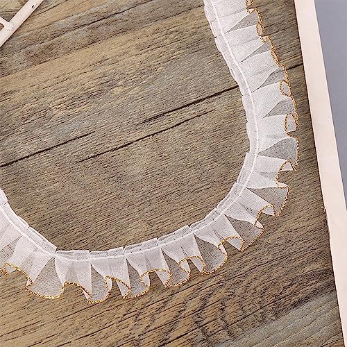 Wambere 5 Yards 2 cmSpitzenband Goldfarbenes Knittergarn auf Einer Seite,Rüschen Spitzenborte Elastisches Stoff Spitzenbesatz,für DIY Nähen Hochzeit Deko Scrapbooking Geschenkverpackung,Weiss von Wambere