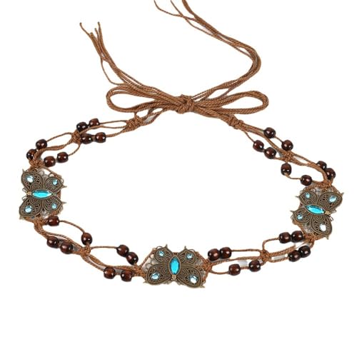Wambere Damen Taillengürtel Geflochten,Boho Kleid Taillengürtel Quasten Gürtel Seil,Gewebte Taillenkette aus Holzperlen,Verstellbare Kordel Gürtel Rope Belt,für T-Shirts Langen Hemden Kleider,B von Wambere
