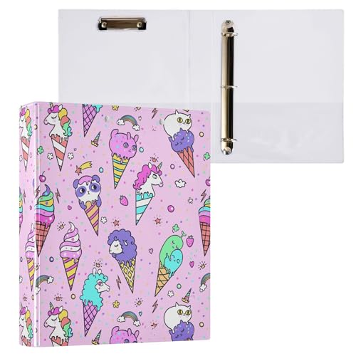 Rundes Ringbuch mit Einhorn-Eiscreme, 3,8 cm, Panda, Katze, Schaf, 3-Ring-Klemmbrett, Ordner für Büro, Schule, Arbeitsbedarf, Aktenordner, Dokument, 200 Blatt Kapazität, leicht zu öffnen von Wamika