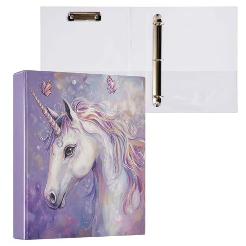 Rundes Ringbuch mit Einhorn-Motiv, 1,5 cm, violett, Schmetterlingspferd, 3-Ring-Klemmbrett für Büro, Schule, Arbeitsbedarf, Aktenordner, 200 Blatt Kapazität, leicht zu öffnen von Wamika