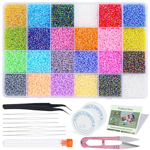 28800 Stücke Glas Perlen Set, 24 Farben Glasperle, Mini Schmuck Perlen mit 6 Stücke Perlennadeln, Schere, Pinzette, Anleitung und Andere Werkzeuge für Schmuckherstellung, Armband, Halskette DIY 28800 Stücke Glas Perlen Set, 24 Farben Glasperle, Mini Schmuck Perlen mit 6 Stücke Perlennadeln, Schere, Pinzette, Anleitung und Andere Werkzeuge für Schmuckherstellung, Armband, Halskette DIY von Wamkon