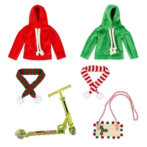Weihnachtselfen-Puppen-Zubehör-Set für Jungen und Mädchen, Elfen-Kleidung, Outfit mit Sweatshirt, Schals, Holzschaukel, lustiges Weihnachtself-Zubehör für Kinder, Puppe, Weihnachtsdekoration, 6-teilig Weihnachtselfen-Puppen-Zubehör-Set für Jungen und Mädchen, Elfen-Kleidung, Outfit mit Sweatshirt, Schals, Holzschaukel, lustiges Weihnachtself-Zubehör für Kinder, Puppe, Weihnachtsdekoration, 6-teilig von WanBigVa