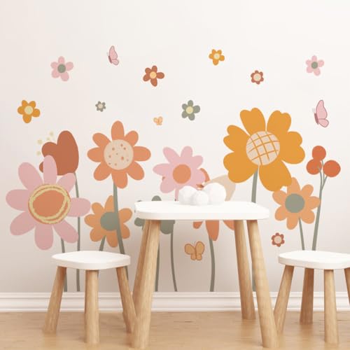 WandSticker4U®- BOHO Wandtattoo Kinderzimmer BLUMEN rosa/orangen/beige groß (120x94 cm) I Wandsticker Blumen Boho Pflanzen Retro Babyzimmer I Wandaufkleber Kinderzimmer Deko Mädchen Möbelsticker XXL von WandSticker4U