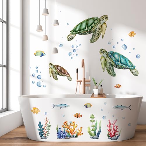 WandSticker4U®- Wandtattoo Badezimmer SCHILDKRÖTE I Wandbild: 90x76 cm I Fliesenaufkleber Bad Unterwasserwelt Meerestiere Deko Meer I Aufkleber Maritim Kinderzimmer Mädchen & Junge von WandSticker4U