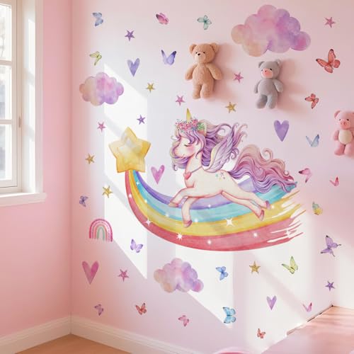 WandSticker4U®- Wandtattoo EINHORN REGENBOGEN XXL (126x79 cm) I Wandsticker Kinderzimmer Mädchen Einhorn Regenbogen Prinzessin Fee Sterne I Wandaufkleber Kinderzimmer Deko Mädchen Babyzimmer GROß von WandSticker4U