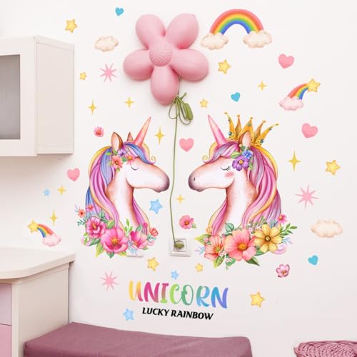 WandSticker4U®- Wandtattoo Einhörner Mädchen LUCKY RAINBOW (70x80 cm) I Wandsticker Kinderzimmer Mädchen Einhorn Regenbogen Blumen Sterne Wandaufkleber Mädchenzimmer Prinzessin Deko von WandSticker4U