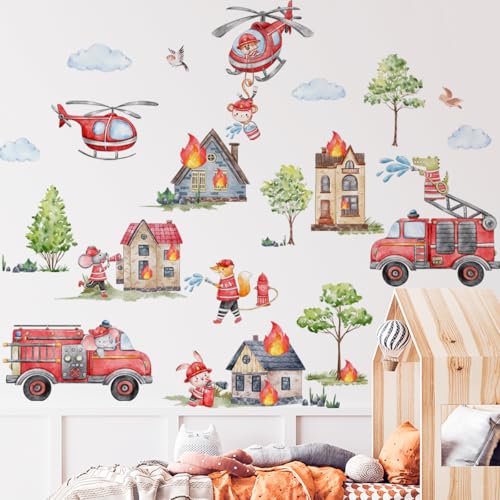 WandSticker4U®- Wandtattoo FEUERWEHR Kinderzimmer XXL (103x98 cm) I Wandsticker Feuerwehr Kinder mit süßen Tieren Wald Brand Fahrzeuge I Wandaufkleber Babyzimmer Kinderzimmer Deko Junge GROß von WandSticker4U