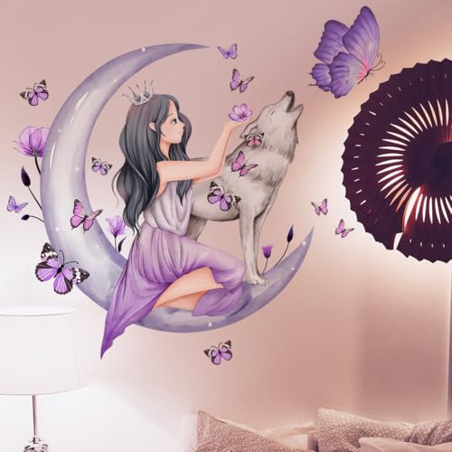 WandSticker4U®- Wandtattoo Kinderzimmer MÄDCHEN AUF DEM MOND I Wandbild: 70x75 cm I Wandsticker lila Schmetterlinge Wolf Fee Nacht I Wand Aufkleber Mädchen-zimmer Jugend Teenager Deko von WandSticker4U