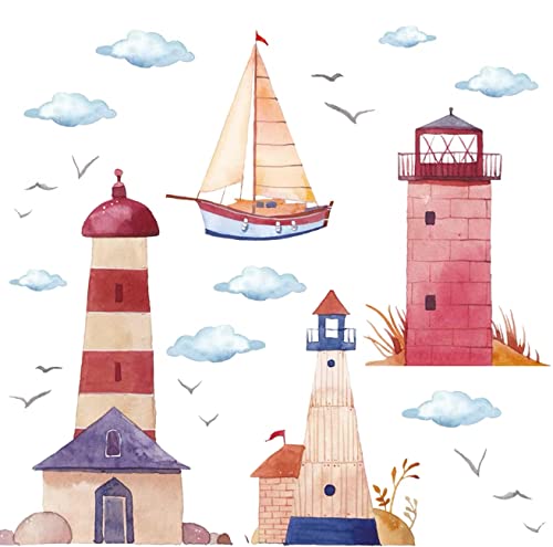 WandSticker4U®- Wandtattoo LEUCHTTURM I Wandbilder: 163X83 cm I Fliesen-aufkleber Bad Segelboot Möwen Ozean Meer See Schiff Maritim I Wandsticker badezimmer Wand Deko Kinderzimmer Junge von WandSticker4U