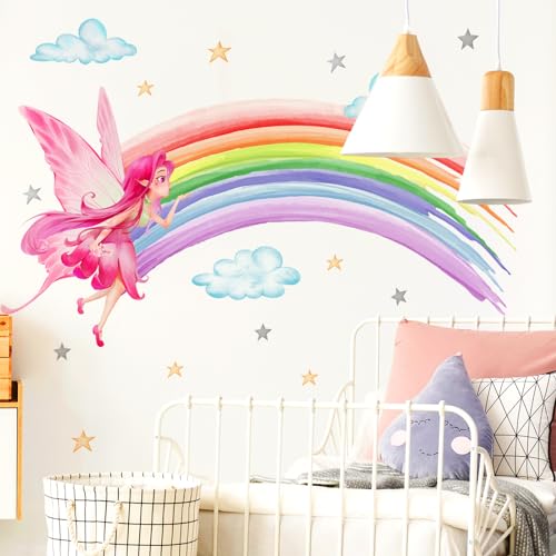 WandSticker4U®- Wandtattoo REGENBOGEN-FEE I Wandbild: 120x80 cm I Wandsticker Frühling Sommer Fee Pink Wolken Sterne bunt I Wand Aufkleber Baby-zimmer Kinderzimmer Mädchen & Junge Deko von WandSticker4U