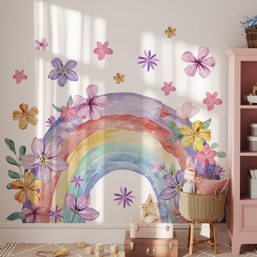 WandSticker4U®- [Aquafarben] Wandtattoo REGENBOGEN Kinderzimmer pastell lila/rosa (110x90 cm) I Wandsticker Mädchen Regenbogen groß Boho Blumen Rainbow I Wandaufkleber Kinderzimmer Deko Mädchen von WandSticker4U