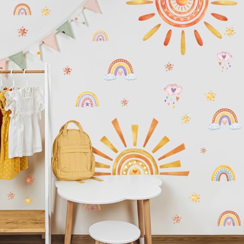 WandSticker4U®- Wandtattoo SONNE & REGENBOGEN I Wandbild: 120x75 cm I Wandsticker Frühling Sommer Sonnenstrahlen Herz Stern Orange Gelb I Wand Aufkleber Baby-zimmer Mädchen & Junge Deko von WandSticker4U