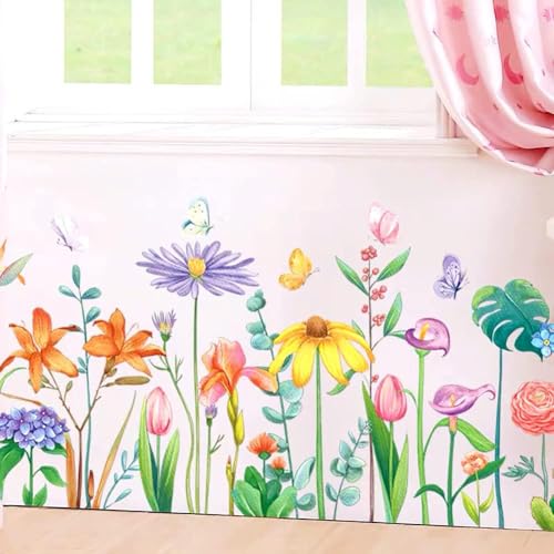 WandSticker4U®- XL Wandsticker BLÜTENVIELFALT bunt I Wandbilder: 111x48 cm I Wandtattoo Blumen Kinder Schmetterlinge Pflanze I Wand Deko für Kinderzimmer Schlafzimmer Küche Bad Flur Aufkleber von WandSticker4U