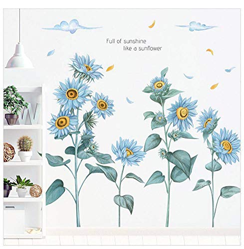 WandSticker4U®- XXL Wandsticker SONNENBLUMEN in BLAU I Wandbilder: 96x76 cm I Wandtattoo Wohnzimmer Blumen Blätter Pflanzen Liebe Wand-aufkleber I Wand Deko für Schlafzimmer Küche Flur von WandSticker4U