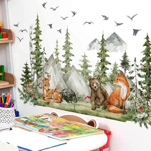 WandSticker4U®- XXL Wandtattoo Kinderzimmer TIERE & WALD (150x96 cm) I Wandsticker Tiere Dschungel Mädchen & Junge I Wandaufkleber Fuchs Bär Reh Baum Baby Zimmer Deko GROß von WandSticker4U