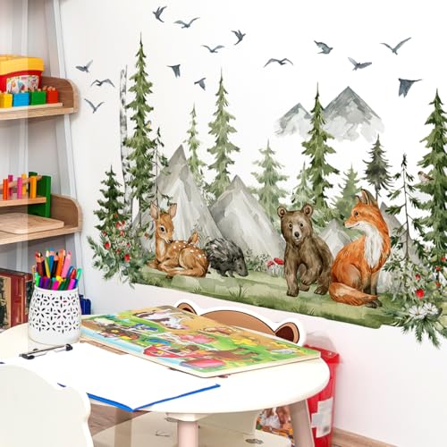 WandSticker4U®- XXL Wandtattoo WALD & BERGE Kinderzimmer I Wandbild: 150x96 cm I Aufkleber Waldtiere Wandsticker Baby Fuchs Bär Reh Baum grün Dschungel I Zimmer Deko Mädchen & Junge von WandSticker4U