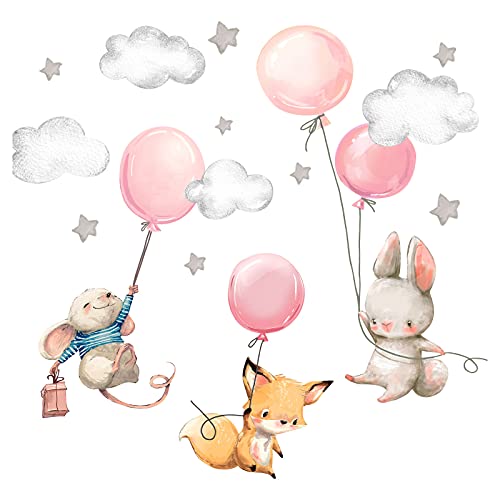 Little Deco Wandtattoo Kinderzimmer Tiere mit Ballon I Wandbild 100 x 58 cm (BxH) I Sterne Spielzimmer Mädchen Wandsticker Aufkleber Baby rosa DL539-22 von Wandaro