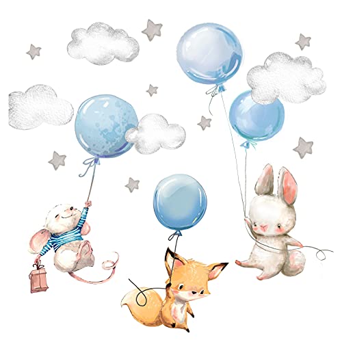 Little Deco Wandtattoo Kinderzimmer Tiere mit Luftballon I Wandbild 100 x 58 cm (BxH) I Sterne Spielzimmer Wandsticker Aufkleber Baby blau Pastell DL539-24 von Wandaro