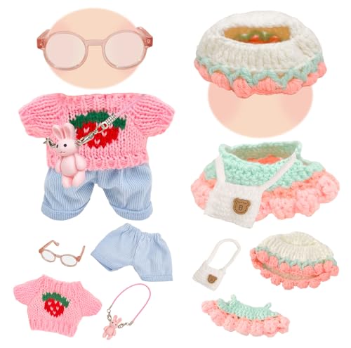 2 Set Kleidung für 17cm Puppe, Puppenkleidung Set mit Strickkleid, Hut, Umhängetasche + Erdbeer Pullover, Hose, Brille, Kaninchentasche, Zubehör Outfit für Plüsch Puppen (Ohne Puppe) von WanderGo