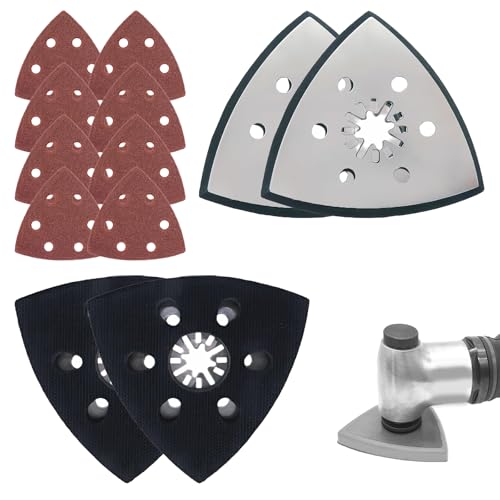 4 StüCk Starlock Schleifplatte, 93mm Multitool Schleifplatter, Lieferung Mit 8 BläTtern Dreieckigem Schleifpapier, Schleifplatten FüR PräZisionsarbeiten An Holz, Metall, Schleifarbeiten, Usw. von WanderGo