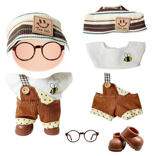 5 Stück Puppenkleidung, Bekleidung für 17cm Plüsch Puppen mit T-Shirt + Hosenträger + Stirnband + Brille + Schuhe für 17cm Puppen(Ohne Puppe) von WanderGo