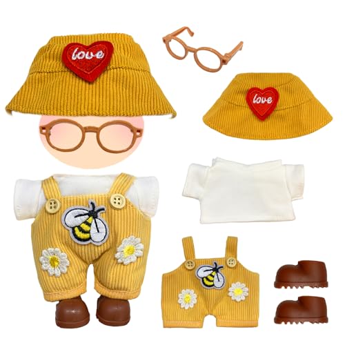 5 Stück Puppenkleidung Set für 17 cm Plüschpuppe, Bekleidung Puppe Kleidung mit Gelber Bienen-Overall, Hut, Braune Brille, Weißes T-Shirt, Schuhe für Jungen Mädchen Geschenke (Ohne Puppe) von WanderGo