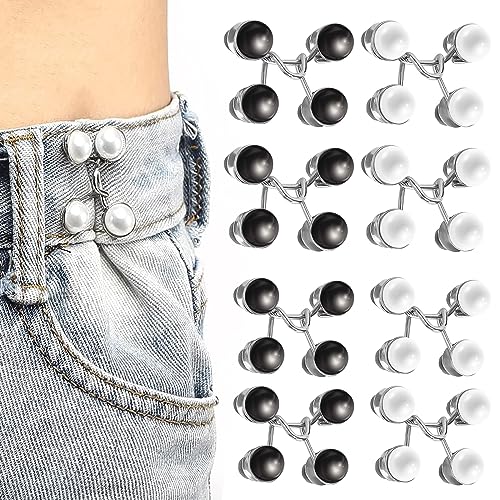 Pearl Jean Button Pins, 8 Sets Hosen Enger Machen Clip, Adjustable Nail-Free Waist Buckles Waist Buckle Extension Jeans Button Trousers Clips for Trousers and Jeans(4 White+4 Black) von WanderGo