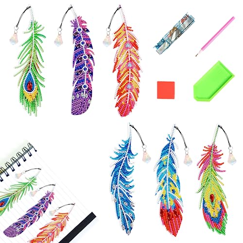 Diamond Painting Feather Lesezeichen, 5D DIY Diamond Painting Anhänger, 6 Stück Diamant-Malerei Feder Lesezeichen Lehrerin, Kinder Bookmark Diamant Painting Zubehöhr für Tag des Lehrers Geschenk von WanderGo