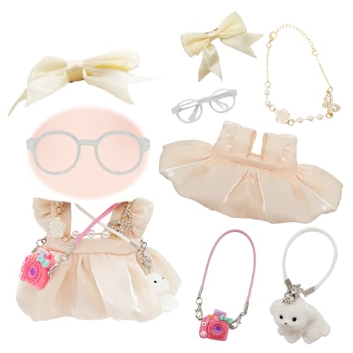 Puppenkleidung für 17 cm große Plüschpuppen,Perlweißes Prinzessinnenkleid, zweiteiliges Set + rosa Kameratasche + weißer Welpenanhänger + klare Brille(Ohne Puppe) von WanderGo