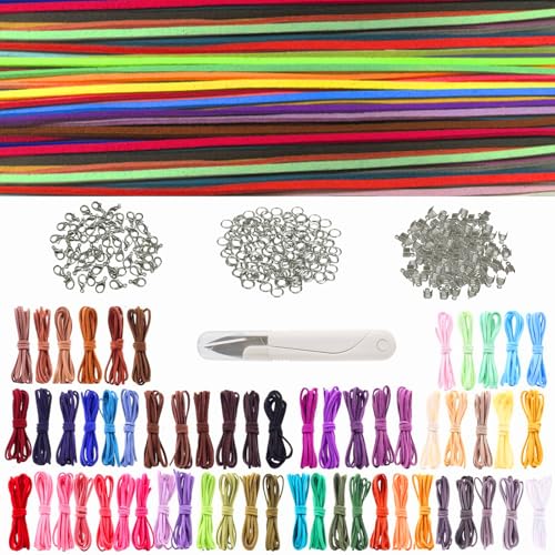WanderGo 60 Farben Lederband Ketten, 60 Stück je 1m, DIY Schmuckbänder Lederbänder für Armband Halskette Basteln, inkl. 50 Karabinerverschluss, 100 Biegeringe, 200 Lederband-Endkappen, Hilfsmittel von WanderGo